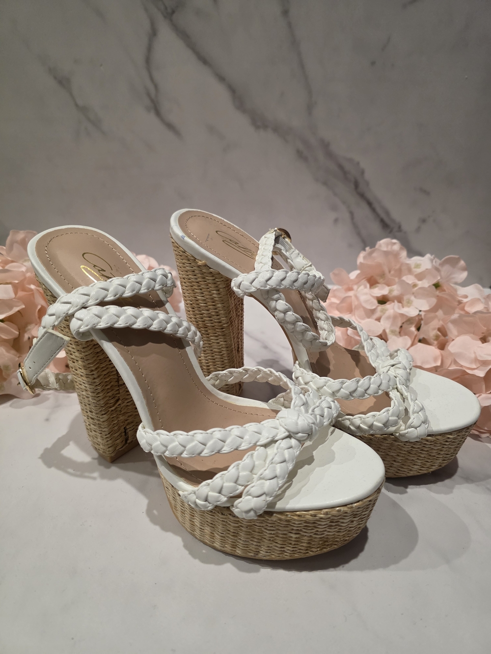Source Unknown White Braided Platform Sandals with Woven Block Heel
